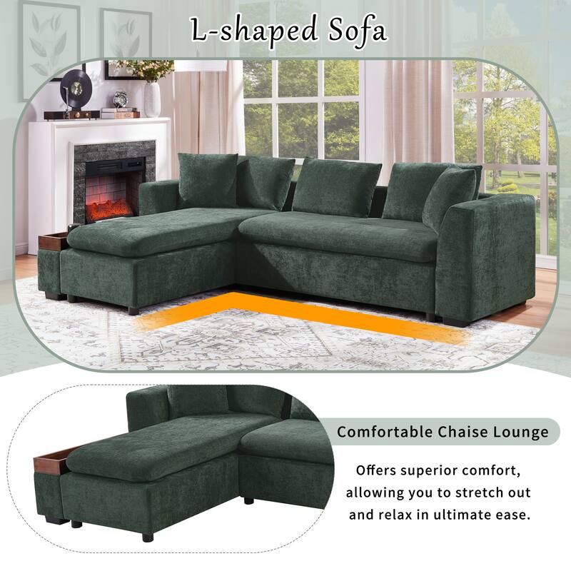 Chenille Sectional Sofa L-shaped Sofa with Wooden Storage Compartment, Tufted Couch Upholstered Sofa Couch with Pillows