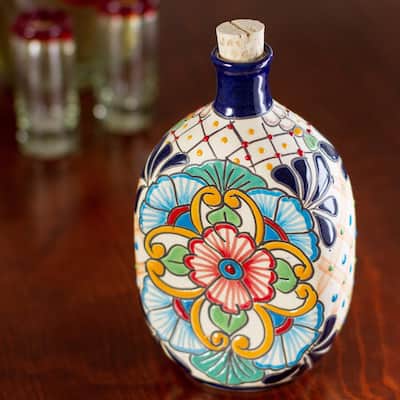 NOVICA Handmade Floral Festivities Ceramic Tequila Decanter