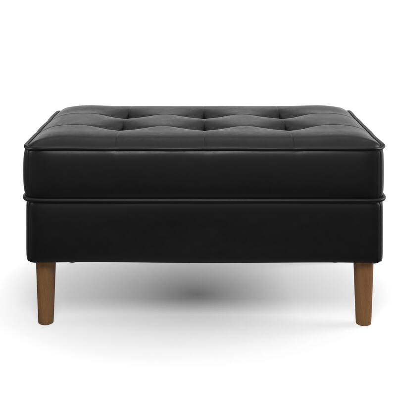 Zander Genuine Leather Rectangular Ottoman - Black Leather / Walnut Legs