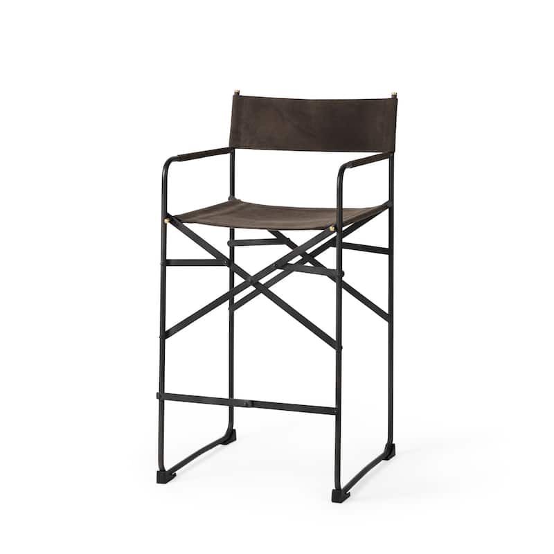 Direttore Black Genuine Leather Seat with Black Metal Frame Counter Stool - Single - Dark Brown - Counter Height - 23-28 in.