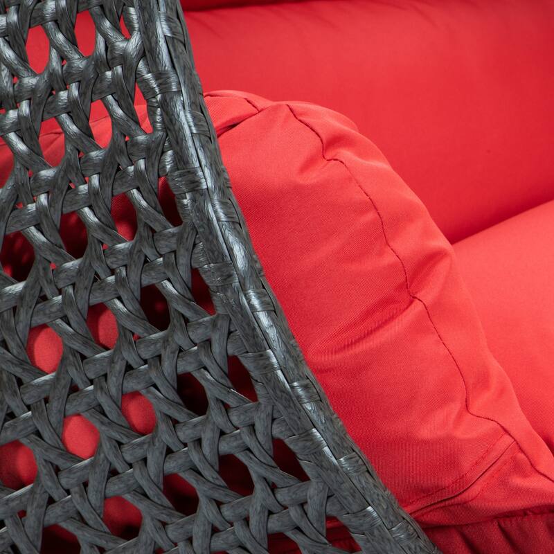 LeisureMod 2-Person Hanging Egg Swing Chair with Metal Stand - Handcrafted Charcoal Wicker, Patio Hammock Lounger with Cushions