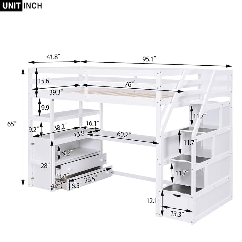 Twin/Full Loft Bed with Desk, Shelves, Drawers, and Storage Staircase for Children's Bedrooms, Small Space