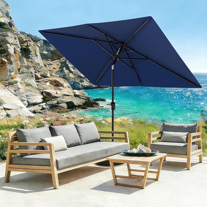 10' x 6.5' Solar Patio Umbrella with Crank and Push Button Tilt for Garden, Deck, Lawn, Pool (No Base) - Navy Blue