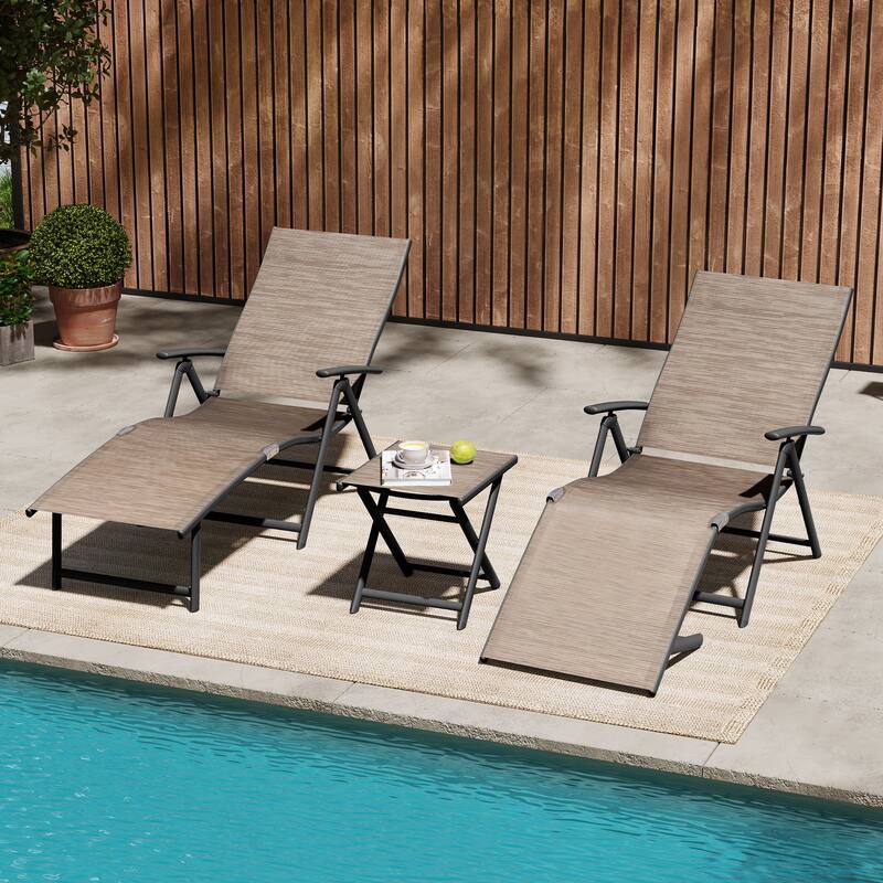 VredHom Outdoor Portable Folding Chaise Lounge Chair with Table (Set of 3) - 70" L x 20" W x 14" H