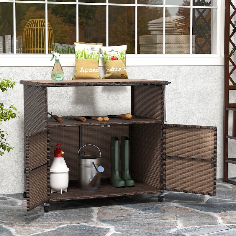 Gymax Outdoor Storage Cabinet w/Acacia Wood Top 2 Doors Buffet Cabinet