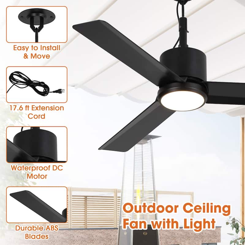 42" Modern Black Waterproof Wet Outdoor Gazebo Ceiling Fan with Light and Hook