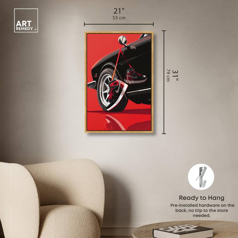 Red Bold Sneaker and Car Canvas by Art Remedy