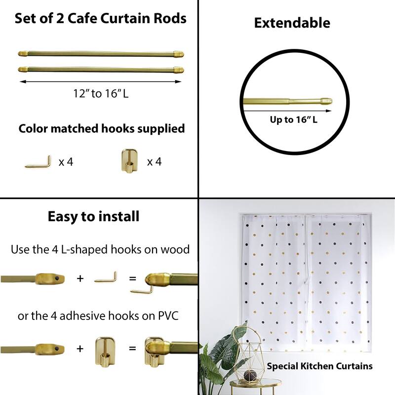 Bundle 2 Cafe Curtain Rods with 4 Self Adhesive Matching Hooks