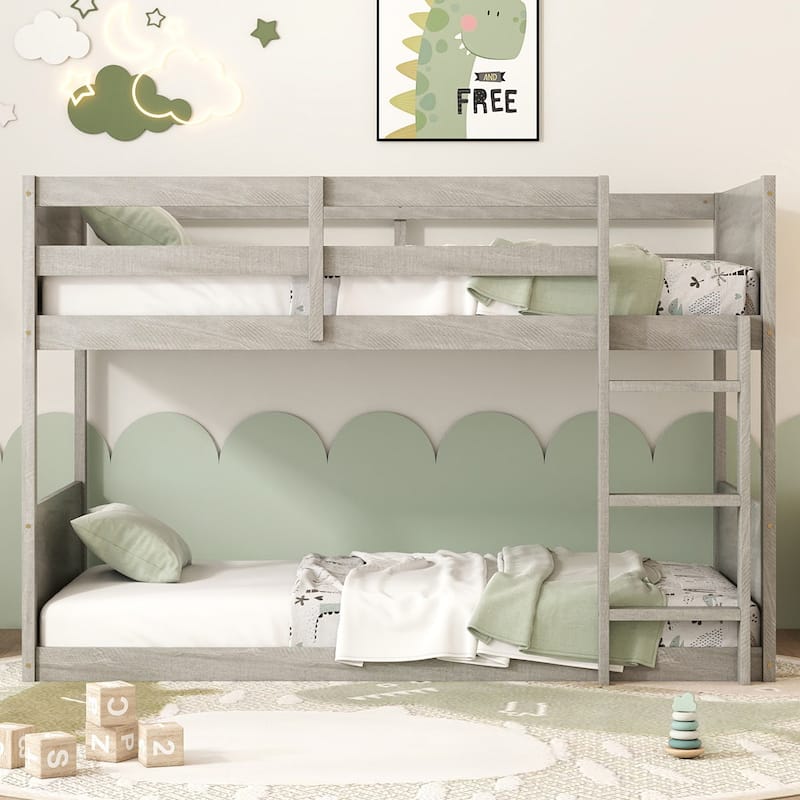 Twin Size Floor Bunk Bed with Safety Guardrails and Built In Ladder - Antique White - Twin