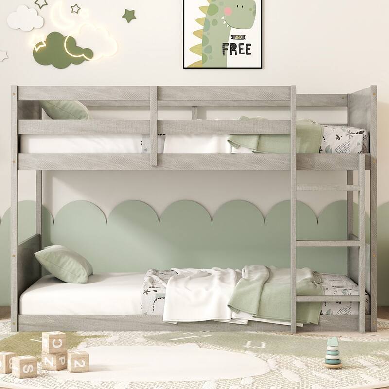 Twin over Twin Floor Bunk Bed with Panelled Headboard and Footboard, Solid Rubber Wood Foundation with Safety Guardrails