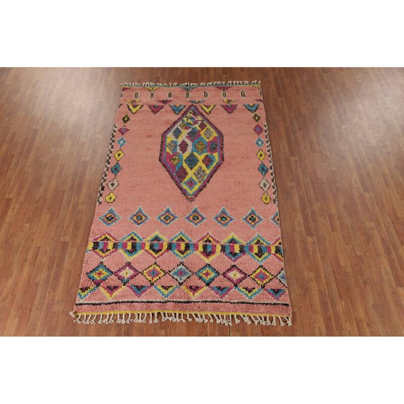 Pink Moroccan Oriental Area Rug Handmade Wool Carpet - 5'1" x 9'7"