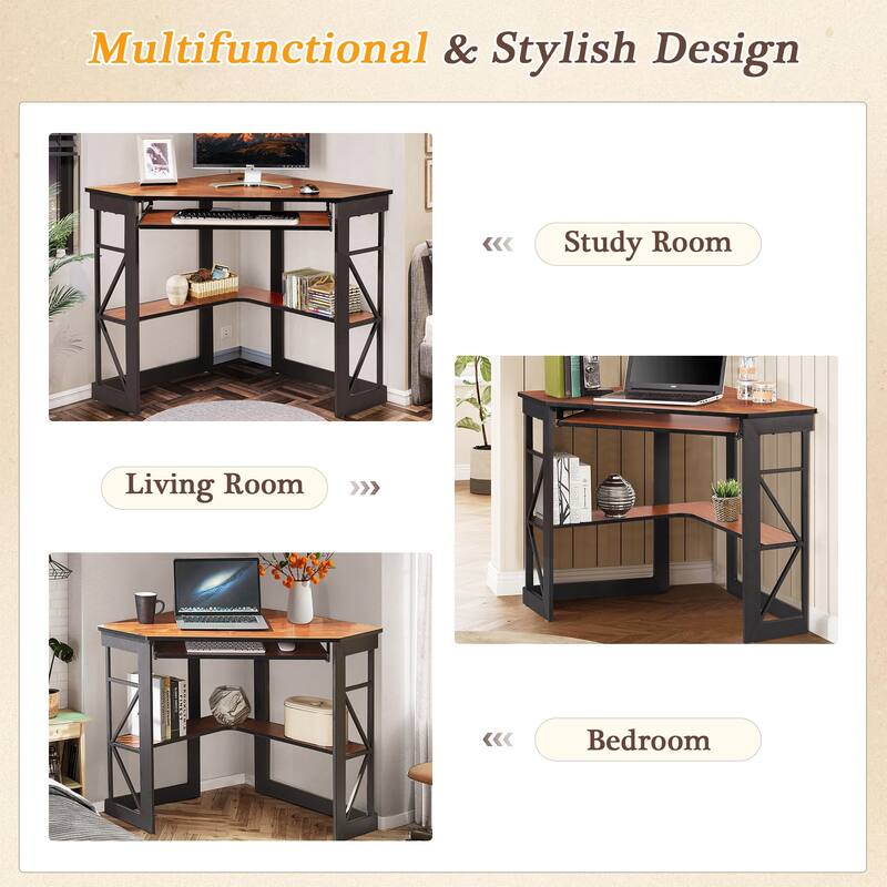 VECELO Triangular Corner Desk with Keyboard Tray Space Saving Metal Computer Desk for Home Office Study Bedroom