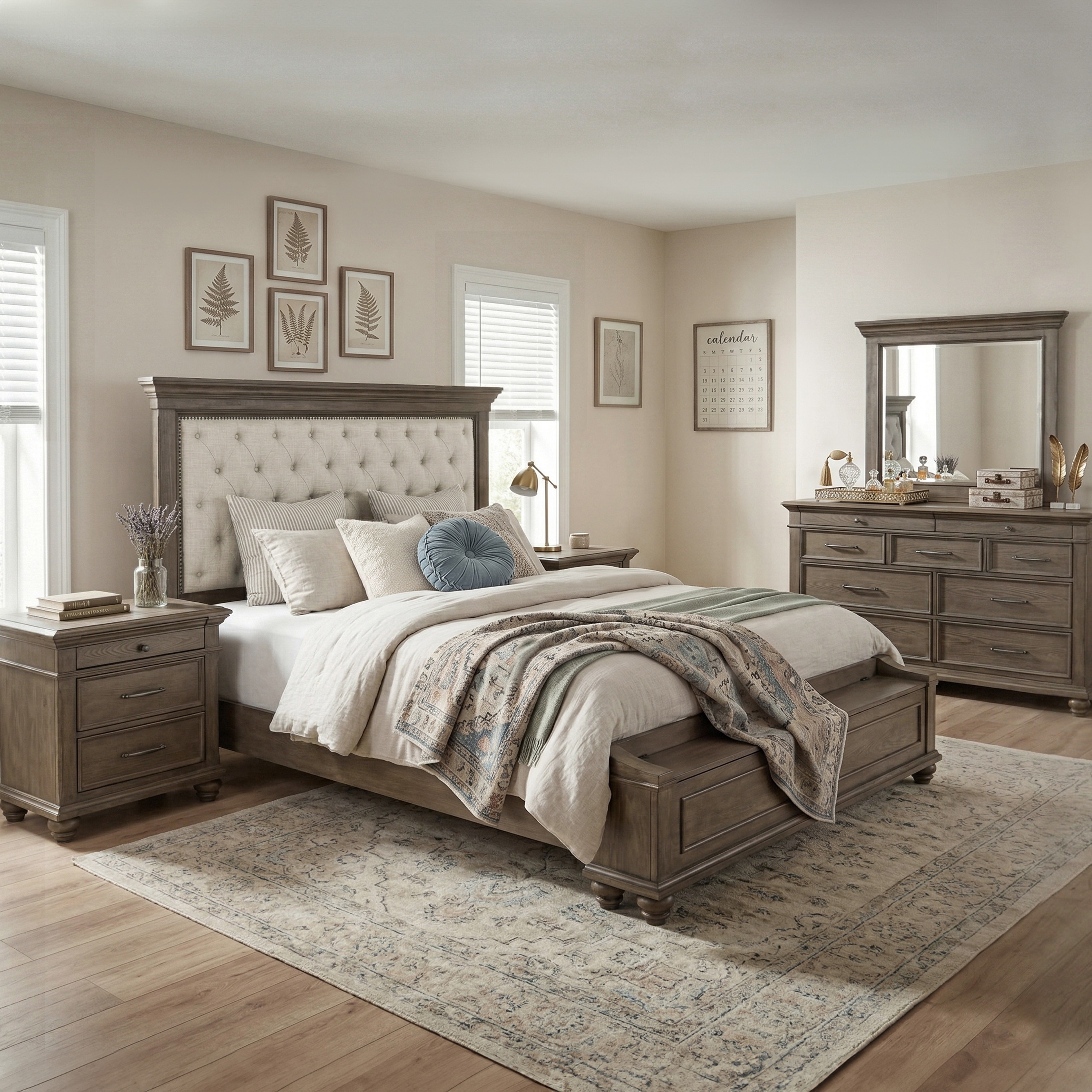 Furniture of America Rubb 5-Piece Aged Oak Wood Tufted Panel Bedroom Set with Storage Footboard Bench
