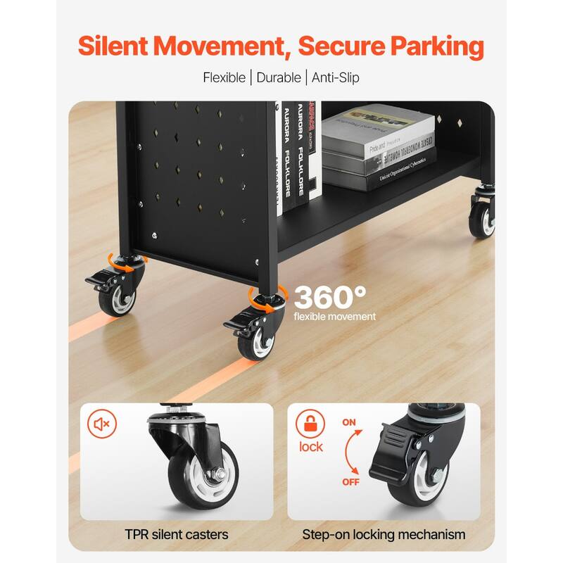Black 3-Tier Rolling Book Cart with Locking Casters and Large Capacity - 30.3 x 15 x 48.0 in