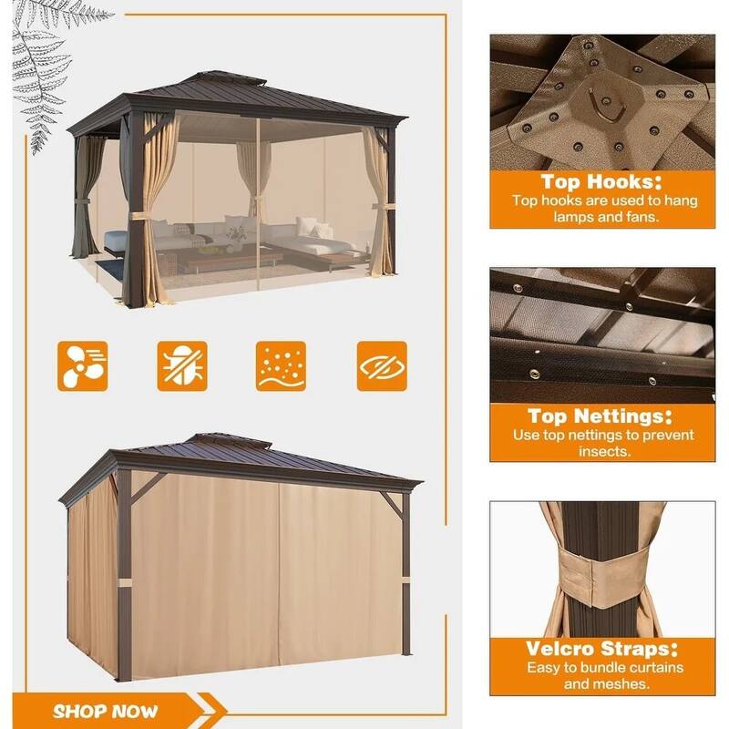 Outdoor Pro Series Galvanized Steel Hardtop Patio Gazebo Pergola w/Aluminum Frame, Prime Curtains and nettings include