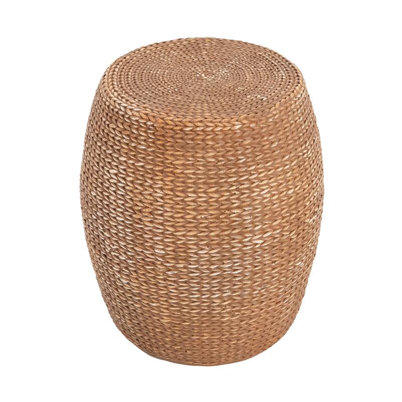Roomfitters Nydia Outdoor Drum Shaped Side Table with Woven Straw Texture, Weather Resistant MGO, Brown