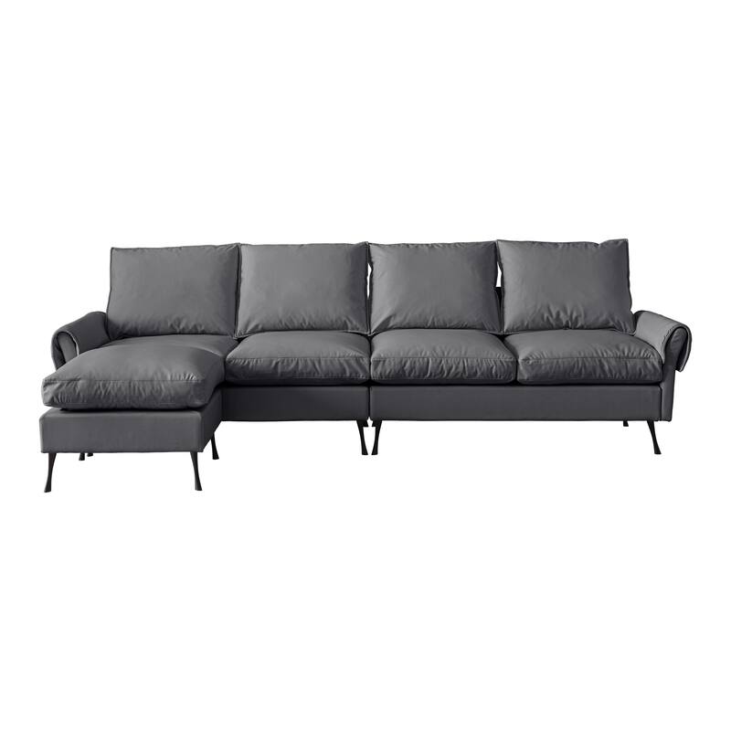 104.5" Modern L-Shaped Convertible Ottoman Sofa in Dark Grey Technical Leather