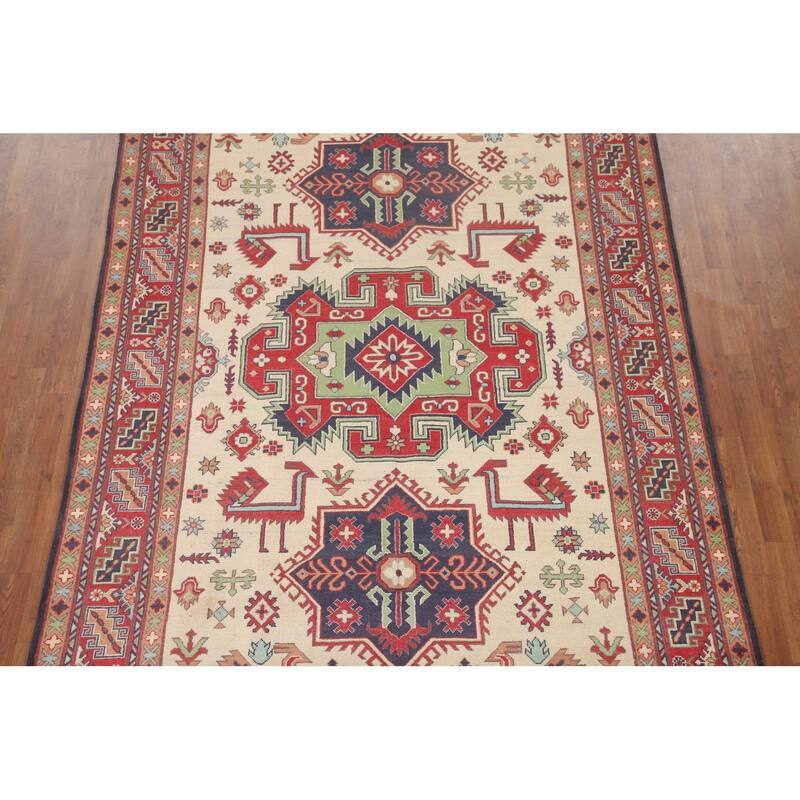 Hand Knotted Oriental 100% Wool Carpet Traditional Geometric Beige & Ivories Kazak Area Rug - 9' 10'' X 6' 5''