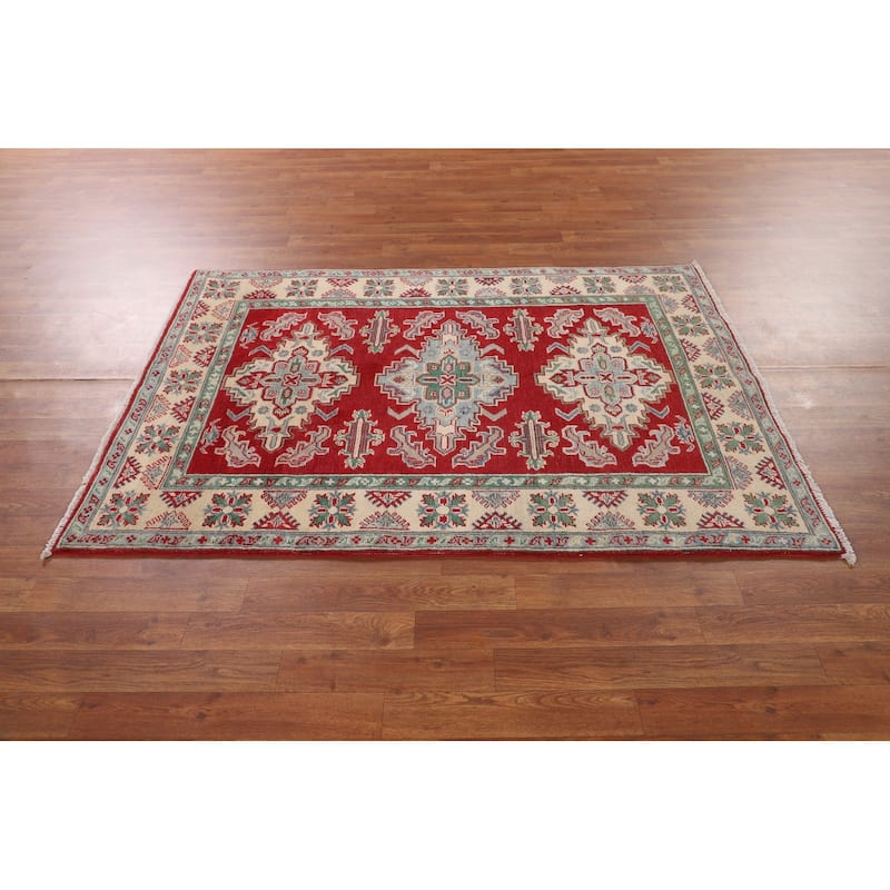 Red Geometric Kazak Rug Handmade Wool Carpet - 3'11" x 5'7"