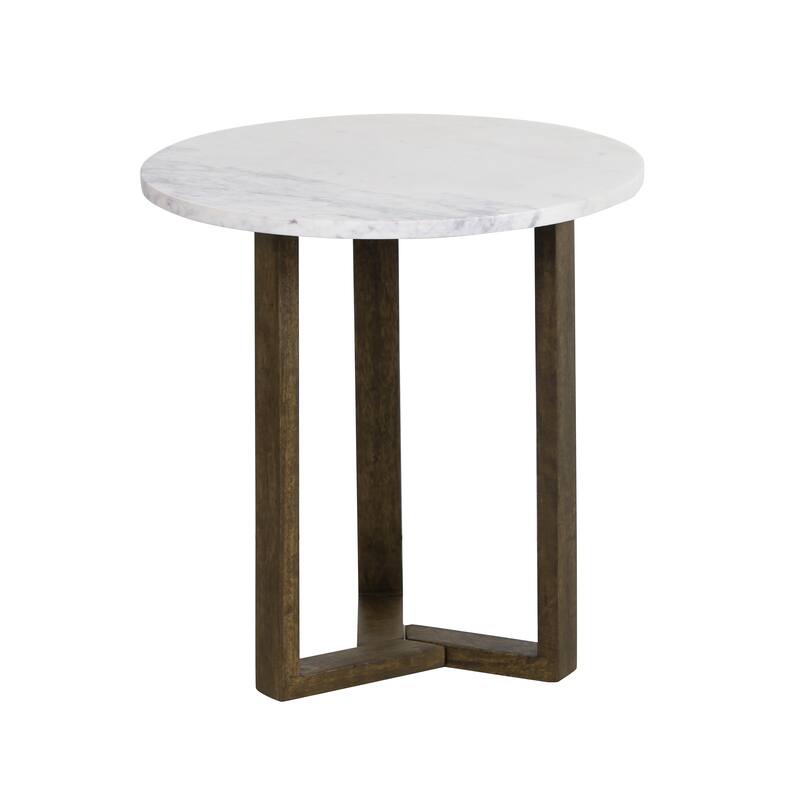 Fina Table, Round White Genuine Marble Top, Natural Brown Mango Wood 3 Leg Sled Base