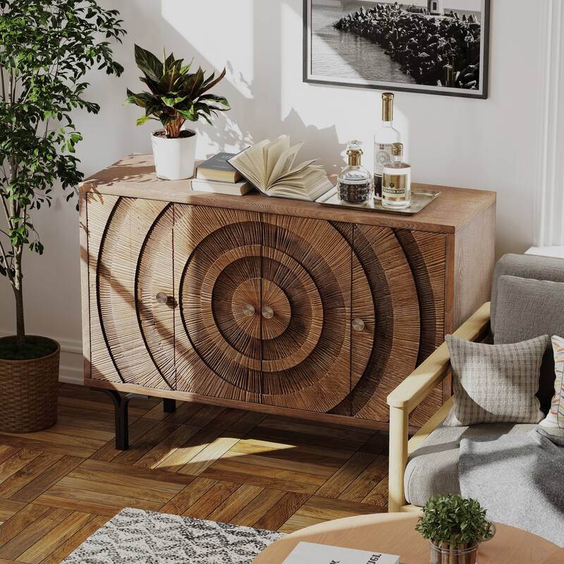COZAYH Farmhouse 4-Door Storage Cabinet, 6-Drawer Dresser, Sideboard Buffet with Circle Pattern and Radioactive Wood Lines