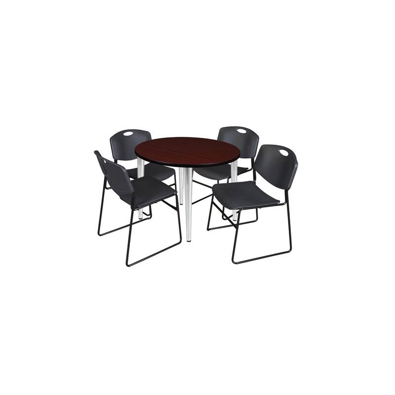 36 in. Round Breakroom Table- Mahogany Top, Chrome Base & 4 Stack Chairs- Black