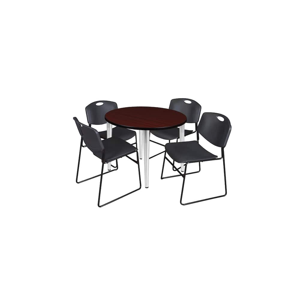 42 in. Round Breakroom Table- Mahogany Top, Chrome Base & 4 Stack Chairs- Black