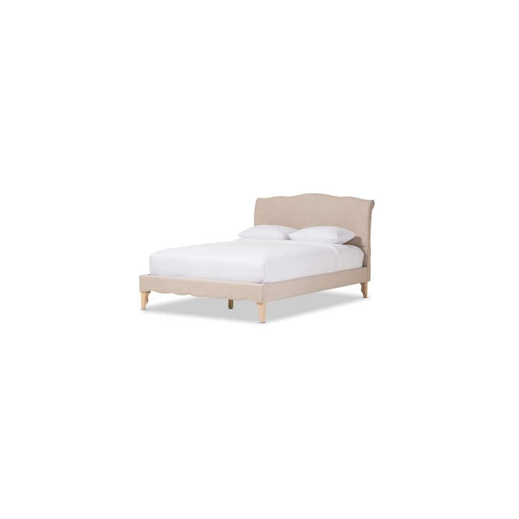 French Platform Bed - Linen Fabric Bed Frame, Solid Rubberwood Construction, Beige Bedroom Furniture