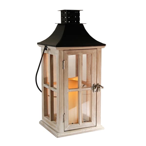 Better Homes & Gardens Decorative Natural Wood and Glass Battery Operated  Outdoor Lantern with Removable LED Candle 18inH 