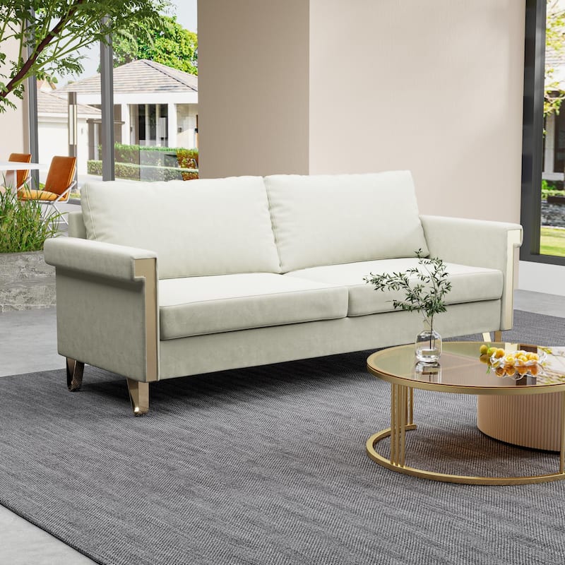 Stylish 76.34" Velvet Sofa with Gold Metal Accents - Mid-Century Modern 2-Seat Couch for Small Living Spaces.