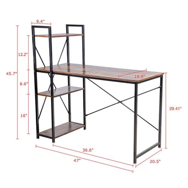 dimension image slide 0 of 2, Utopia Alley Computer Desk with Shelves - 47-inch Black Metal Desk with 4-Tier Storage Bookshelves, Rustic Brown & Black