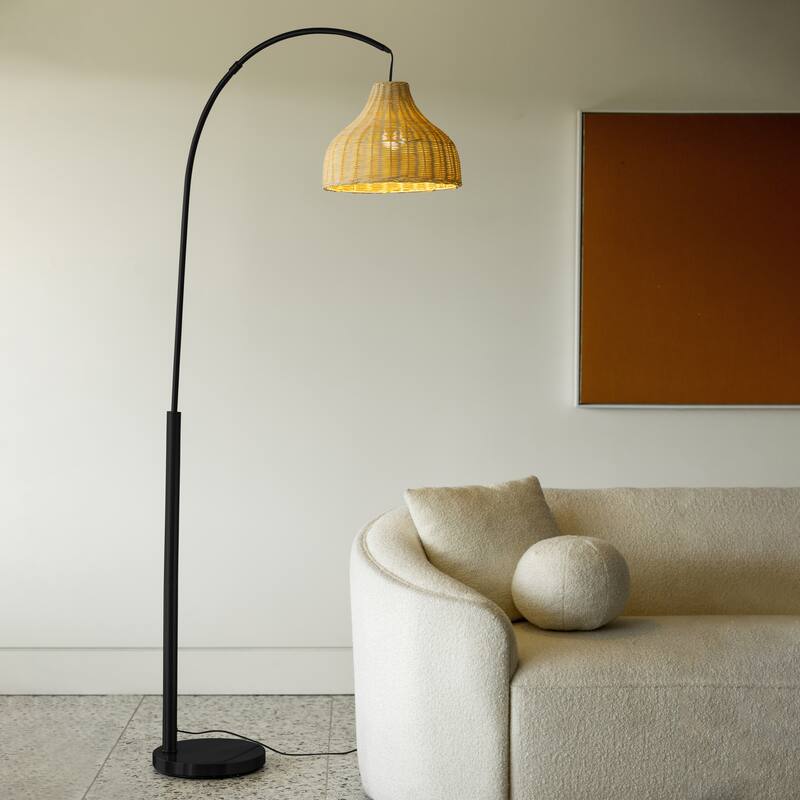 Brightech Lark 75 in Classic Matte Black Modern 9W 800Lm 3000K LED Contemporary Arc Floor Lamp With Beige Rattan Bell Shade