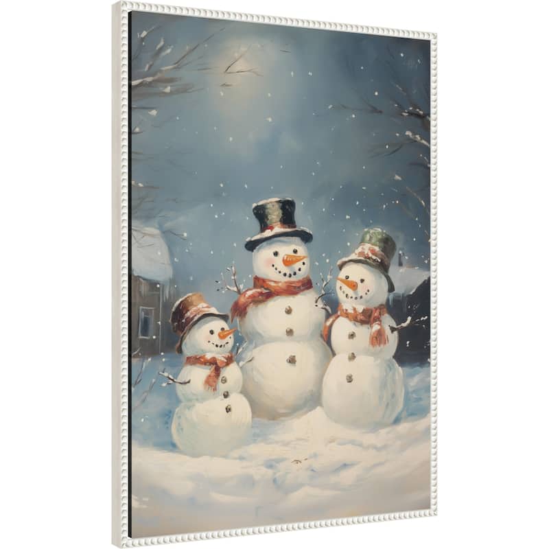 Snowman Family by Melloi Art Prints (23 x 33 in.), Framed Canvas Wall Art Print - Sylvie Beaded White
