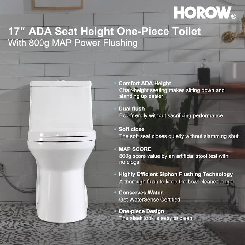 HOROW 1 Piece High Efficiency Dual Flush Elongated Toilet White Soft Close Seat ADA Height - N/A
