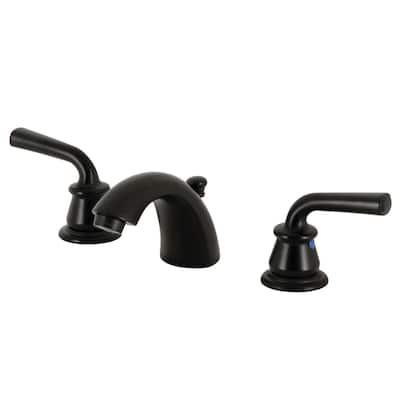 Restoration Two-Handle 3-Hole Deck Mount Mini-Widespread Bathroom Faucet with Plastic Pop-Up