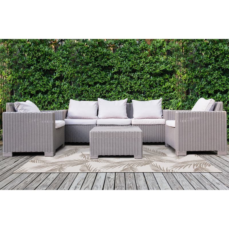 Taupe Cream Reversible Leaves Indoor/Outdoor Area Rug