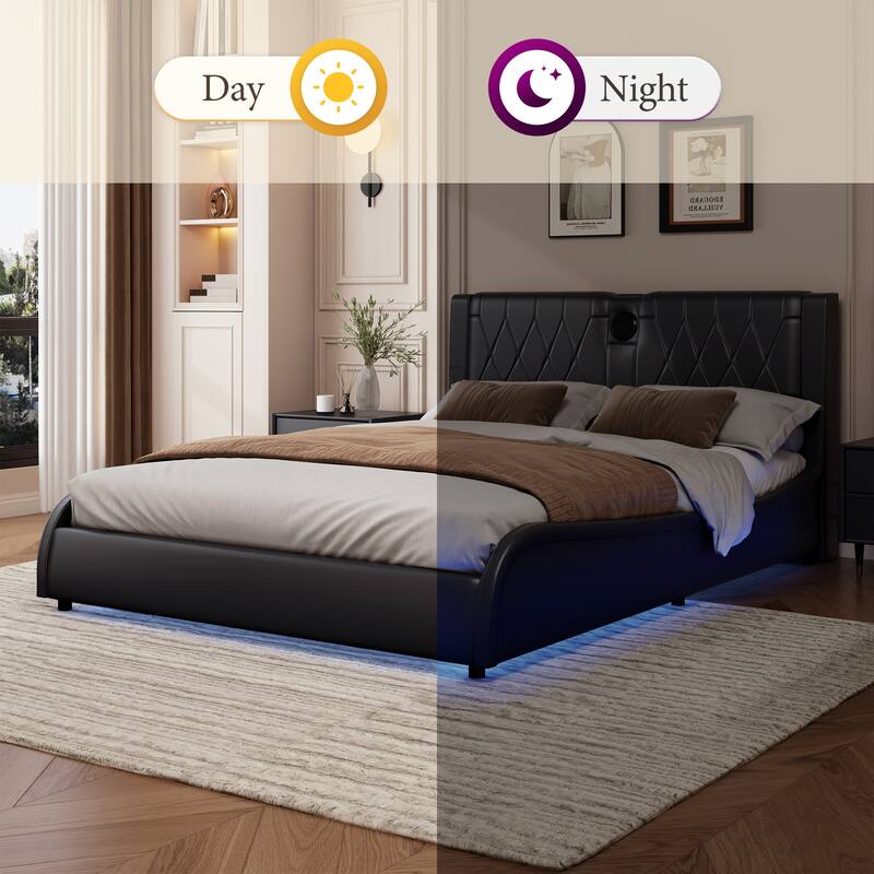 King Size Luxurious Faux Leather Upholstered Platform Bed with Thickened Headboard, Bluetooth Speakers and RGB LED Light