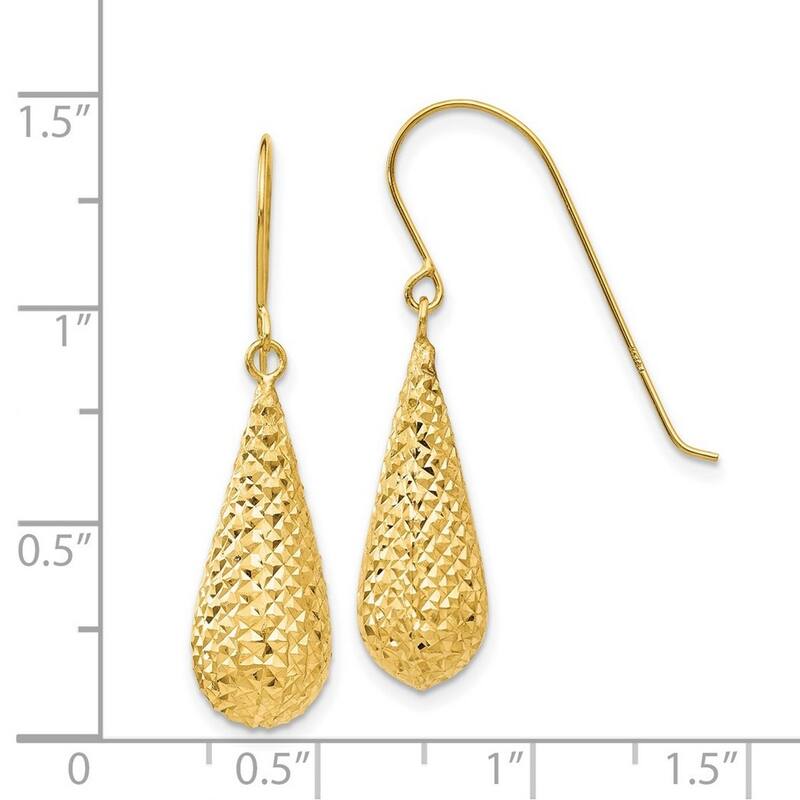 Curata 14k Yellow Gold 29x8mm Sparkle Cut Puff Tear Drop Dangle Hook Earrings