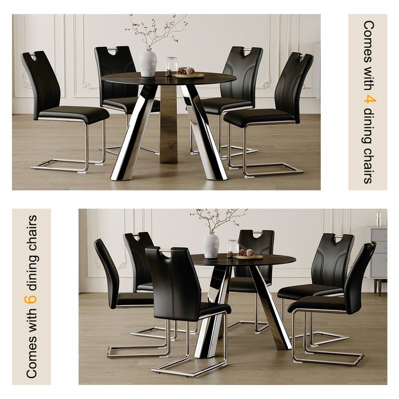 A 42-Inch Stainless Steel Leg Round Table,Paired with 4 Uniquely Designed Dining Chairs with Metal Leg