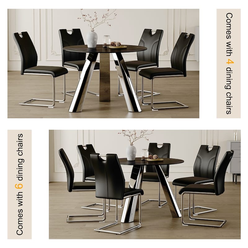 Roomfitters Round Dining Table with 6 Black Chairs, Silver Legs, Sintered Stone Top, Black
