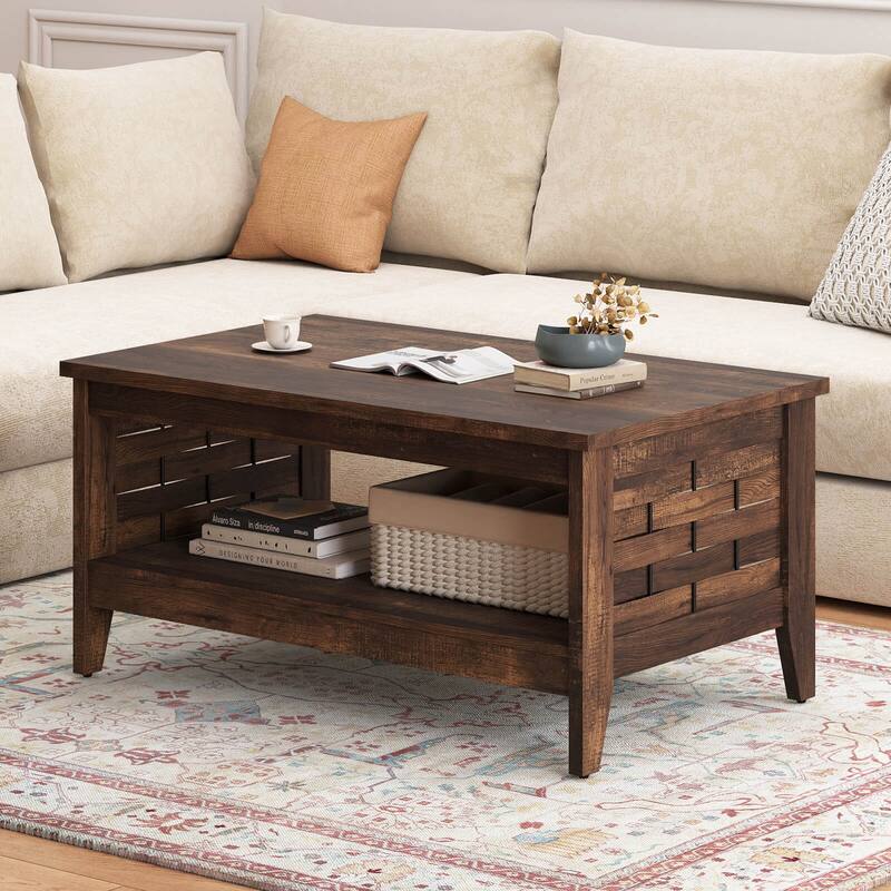 Costway 39.5” 2-Tier Coffee Table with Open Shelf Woven Decorations - See Details