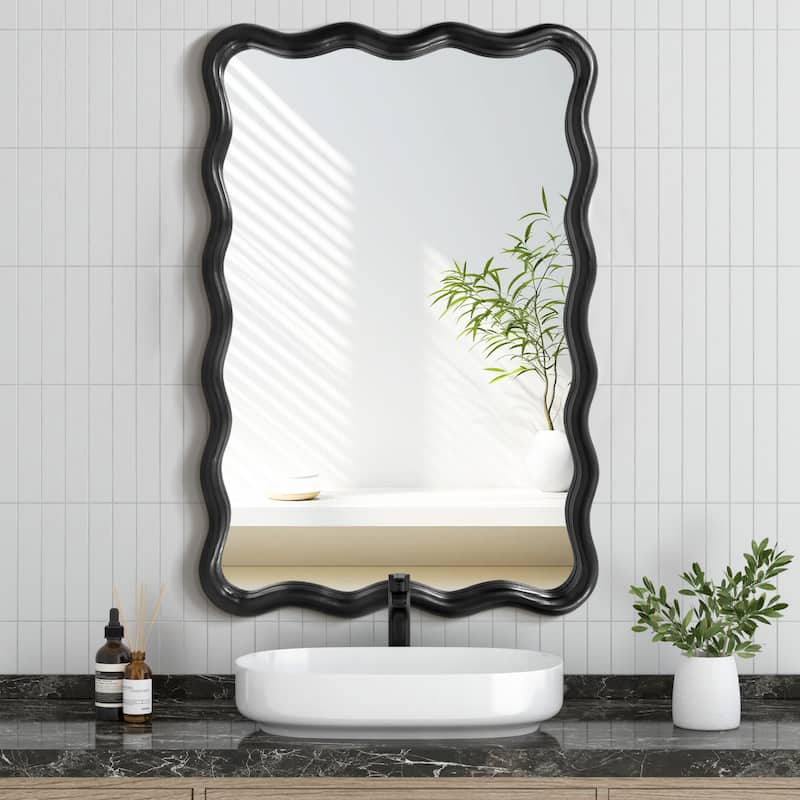 Scalloped Wood Frame Rectangle Wavy Wall Mirror - 24x36 - Black