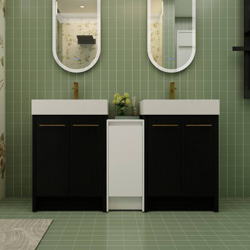 72" Freestanding Bathroom Vanity Set with Adjustable Storage Cabinets, Black Ceramic Sink
