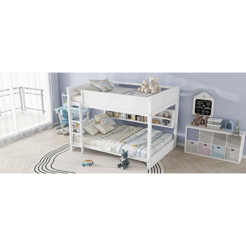 Roomfitters Queen Over Queen Bunk Bed with Storage Cabinets and Charging Station, Solid Pine Wood Bunk Bed