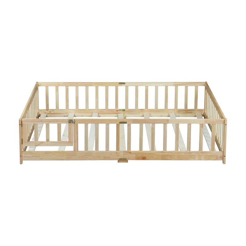 Roomfitters Twin/Full Floor Bed with Surround Fence, Rubber Wood Platform with Guardrails and Slats, Natural