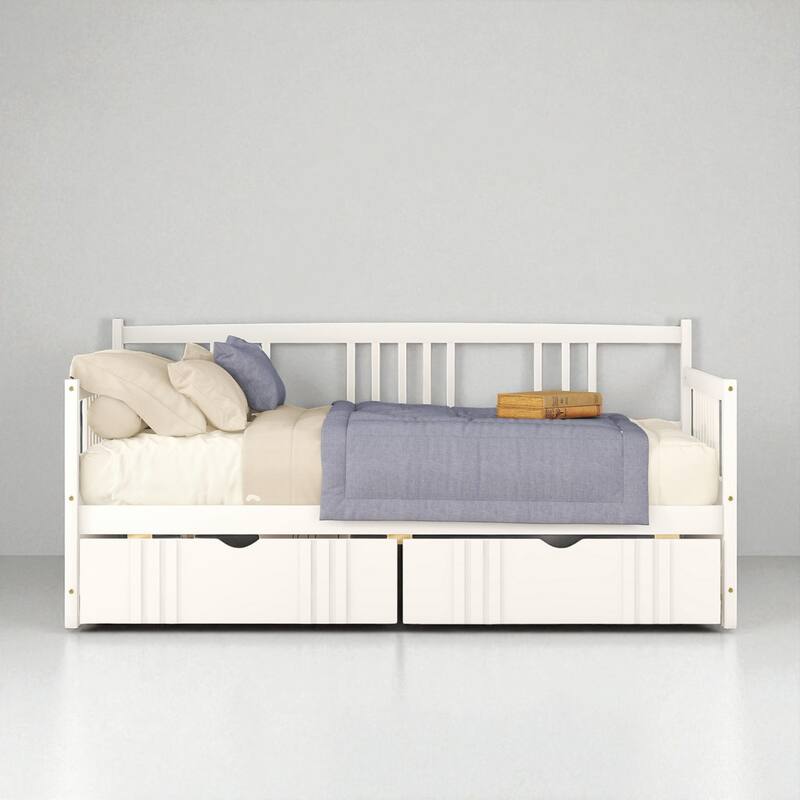 Twin Size Wood Daybed with 2 Storage Drawers, Solid Pine Frame Platform Sofa Bed with Slats