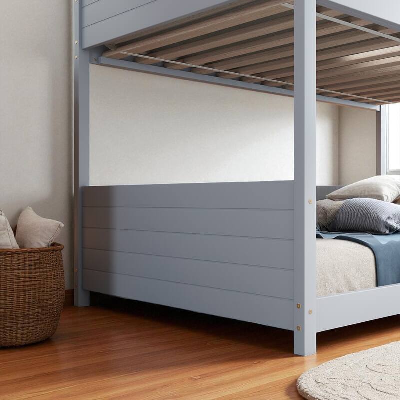 Twin Over Twin House Bunk Bed with Roof Frame, Guardrails, Ladder and Fluted Headboards, Solid Rubber Wood