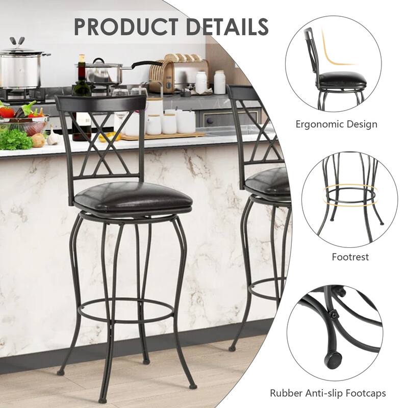 Homy Casa Set of 2 Swivel Bar Stools with Padded Faux Leather Seat-for Kitchen Islands and Pub-Style Counters - N/A