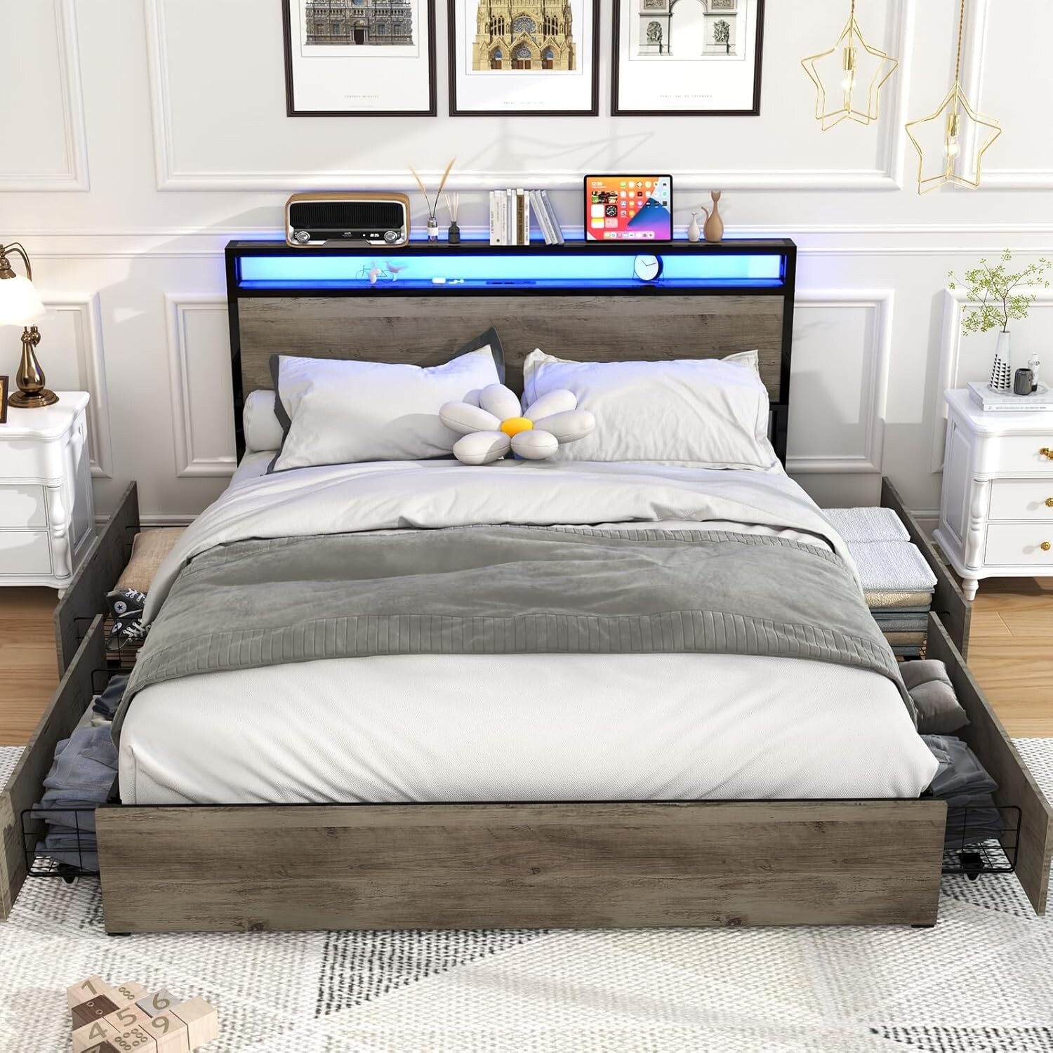 Queen Size LED Platform Bed with Storage Drawers, USB Charging, RGB Lights, and Noise-Free Metal Frame
