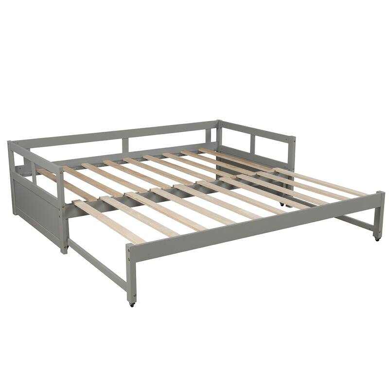 Extending Daybed with Trundle, Wooden Daybed with Trundle, Gray, for Bedroom